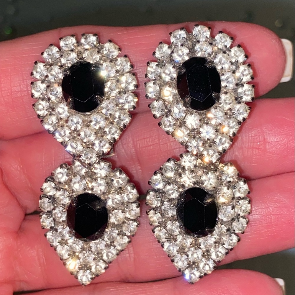 Elegant Black & Silver Clip On Dangle Earrings Faux Crystal Tear Drop Earrings